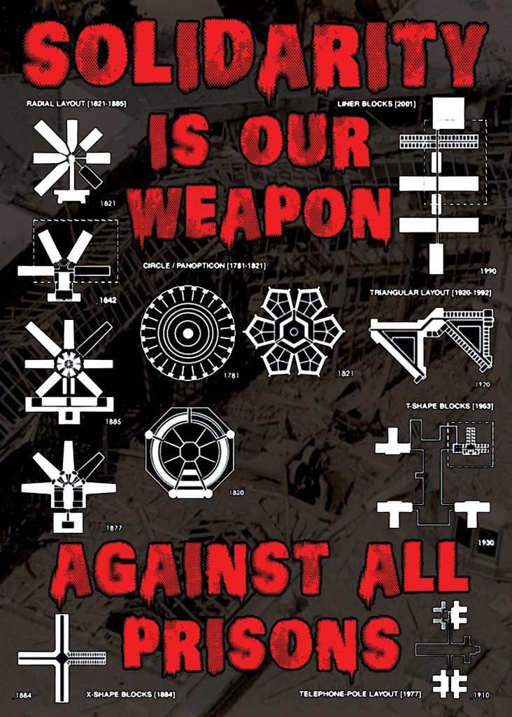 Illustration: Panopticons (2019), with text: Solidarity is our weapon - against all prisons.